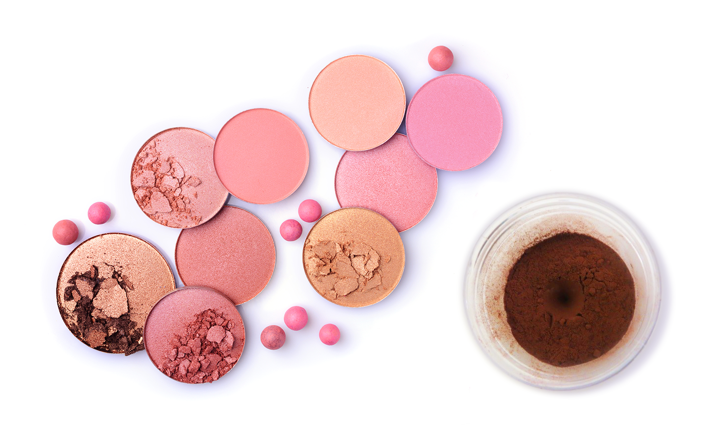 Example make-up powder products and the test sample post-test showing the probe indentation